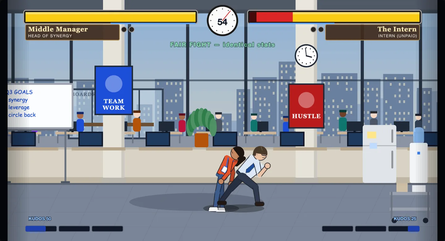 Two office workers fighting in an open-plan office, with health bars and a wall-clock round timer